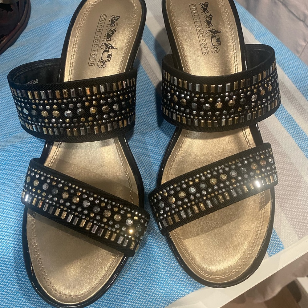 Black patent wedges, very lightly worn, with multi color decor.